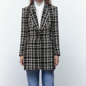 Zara Long Structured Wool Blazer - Black/White - S